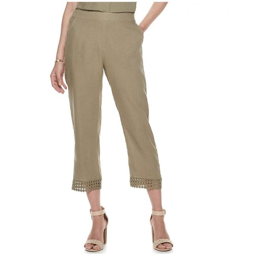 Dana Buchman Lightweight Linen Blend Crochet Hem Pull-On Crop Pants Size Large